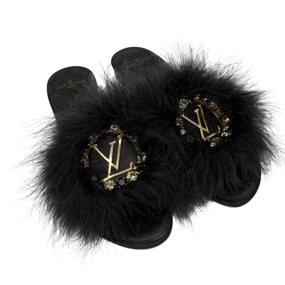 LOUIS VUITTON LV Logo Fur Flats Sandals #37 Rhinestone Black Gold Satin [105937] - Picture 1 of 9